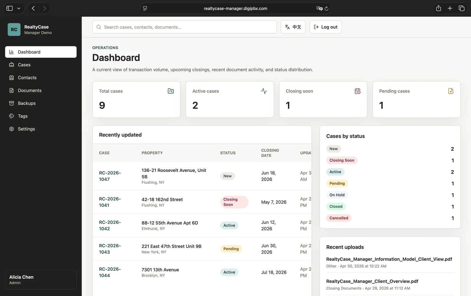 RealtyCase Manager dashboard screenshot