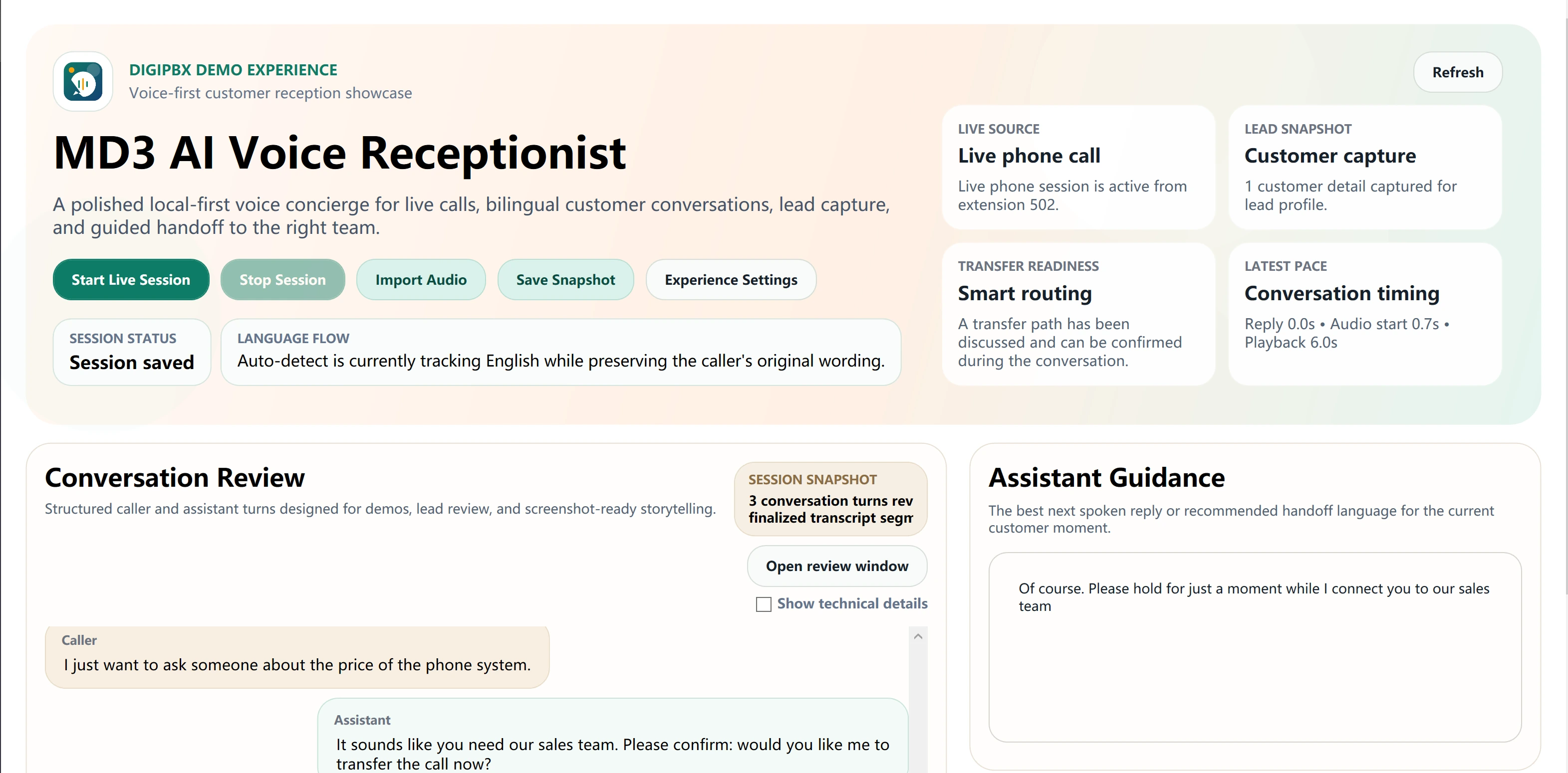 AI Voice Agent live-call demo interface screenshot