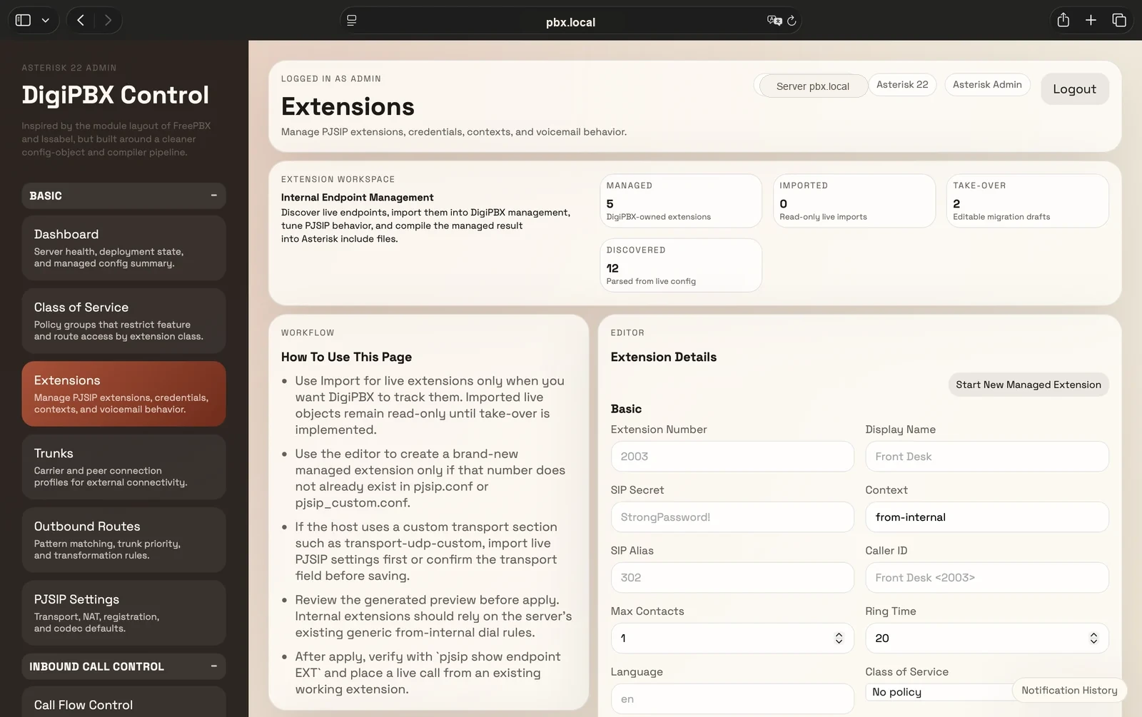 DigiPBX Control browser interface for Asterisk extensions