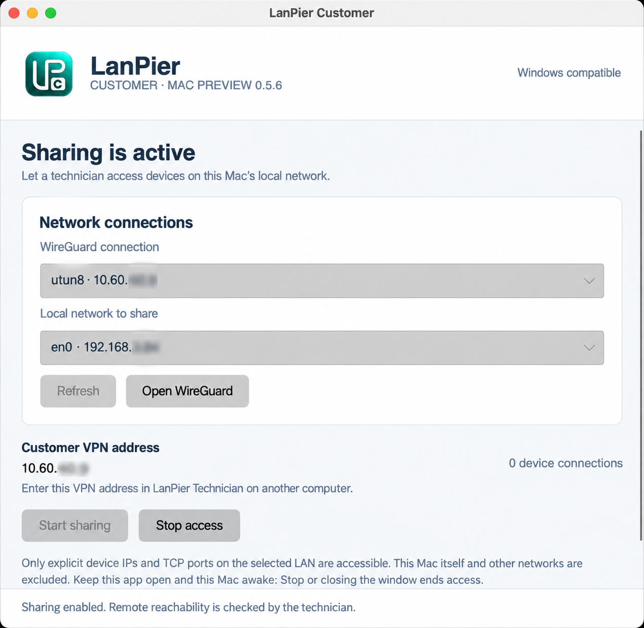 LanPier Customer application showing an active sharing session and Stop access control