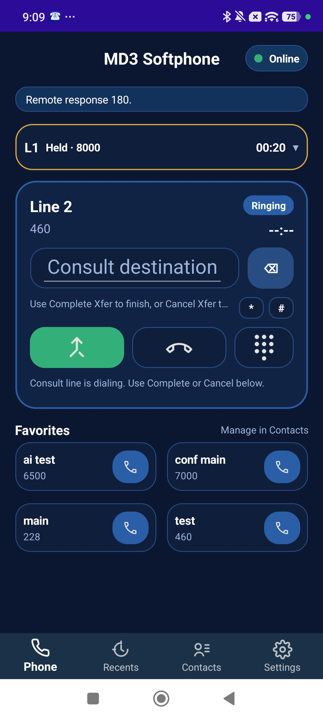 MD3 Softphone Android transfer workflow screenshot