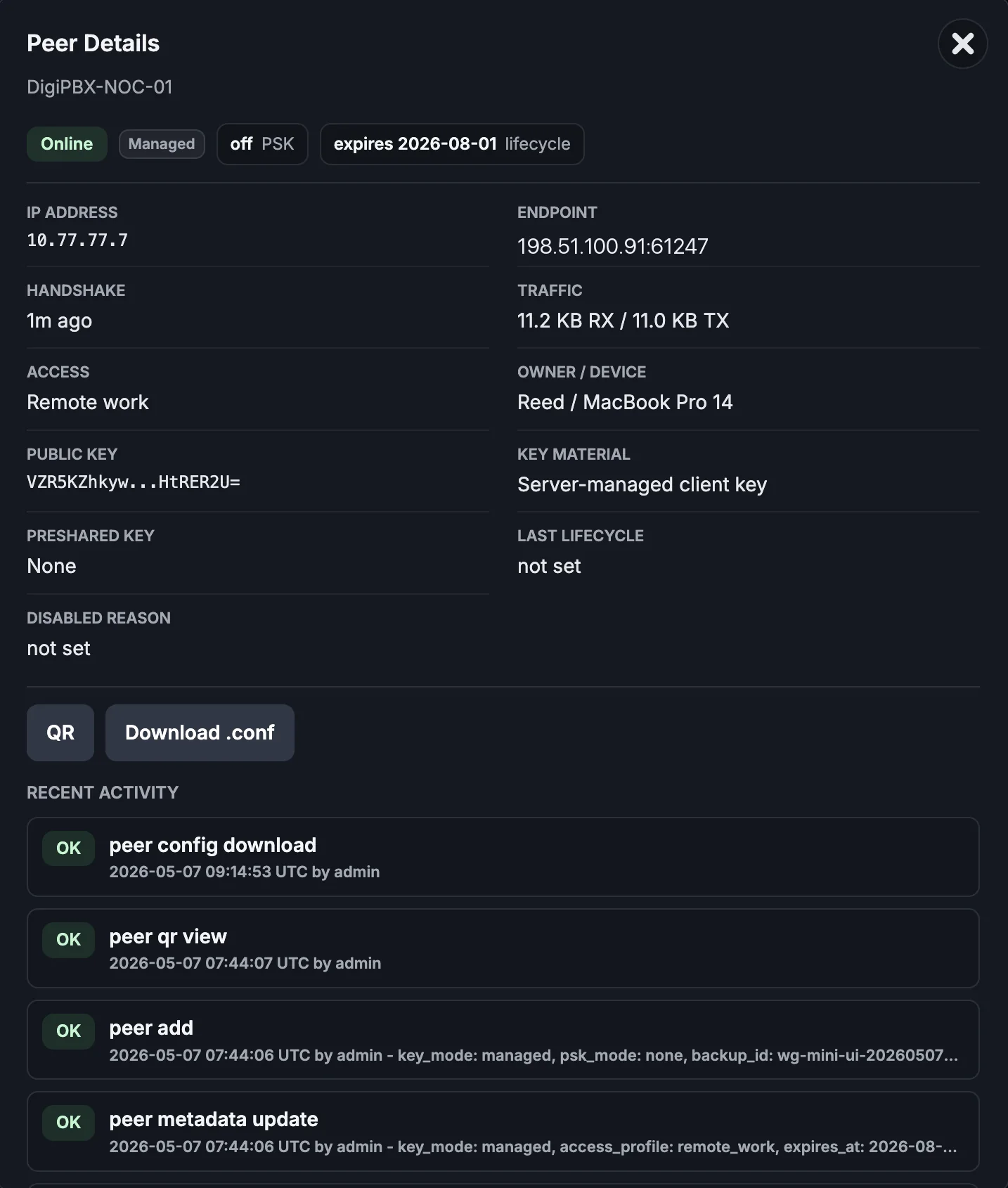 WG Mini UI peer details lifecycle screenshot