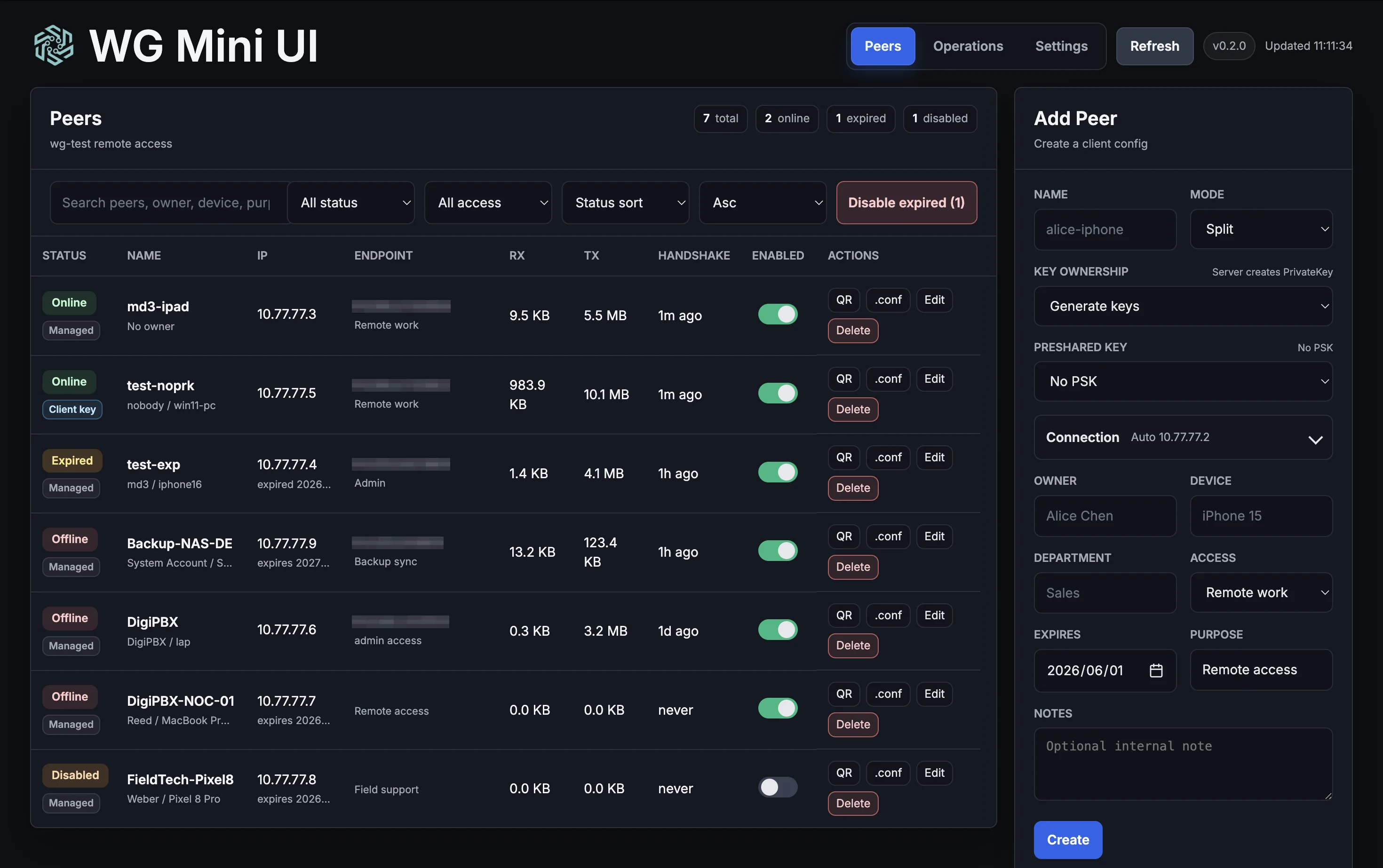 WG Mini UI peers overview and add peer panel screenshot