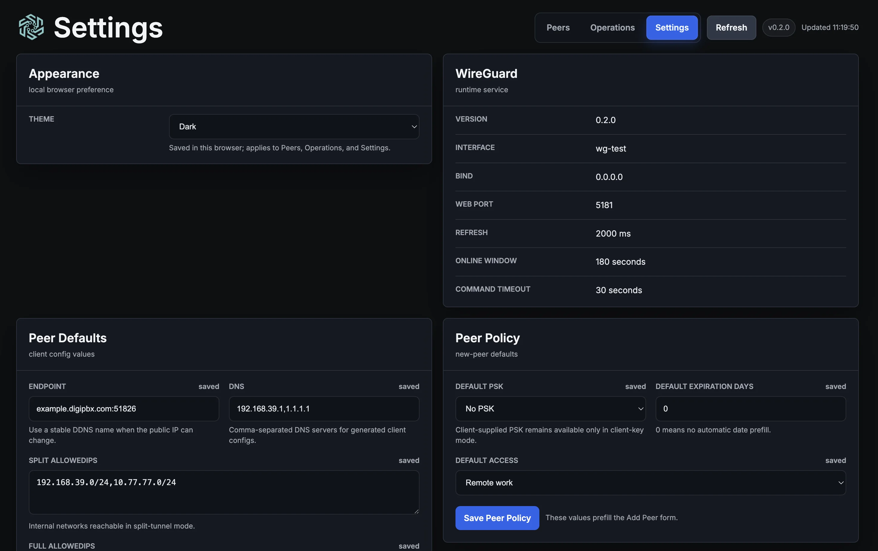 WG Mini UI settings and WireGuard summary screenshot